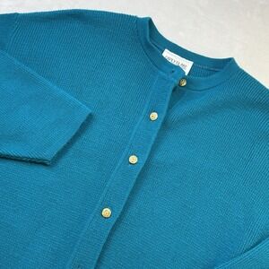 Vintage Carly Blake USA Acrylic Cardigan Sweater Teal Gold Buttons Women's L
